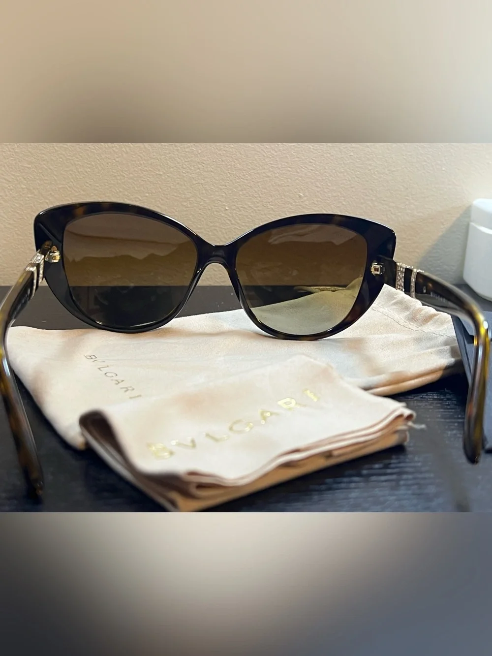 Bvlgari Black Tortoiseshell Cat-Eye Sunglasses with Brown Gradient Lenses
